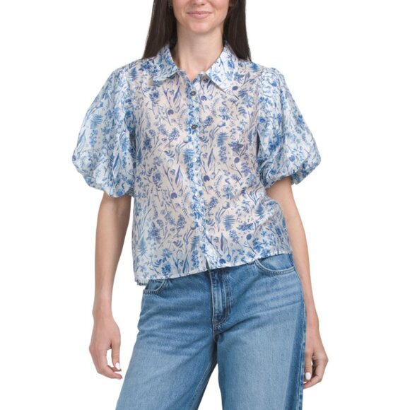 LUCKY & COCO BLUE FLORAL Bubble Sleeve Button Down Shirt - Picture 1 of 2
